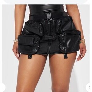 NWT Fashion Nova Micro Mini Cargo Skirt Size Small Black Faux Leather GI Jane
